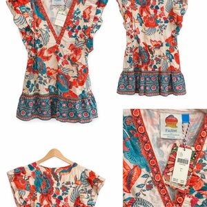Anthropologie Cream Floral V-Neck Peplum Top with Red and Teal Accents